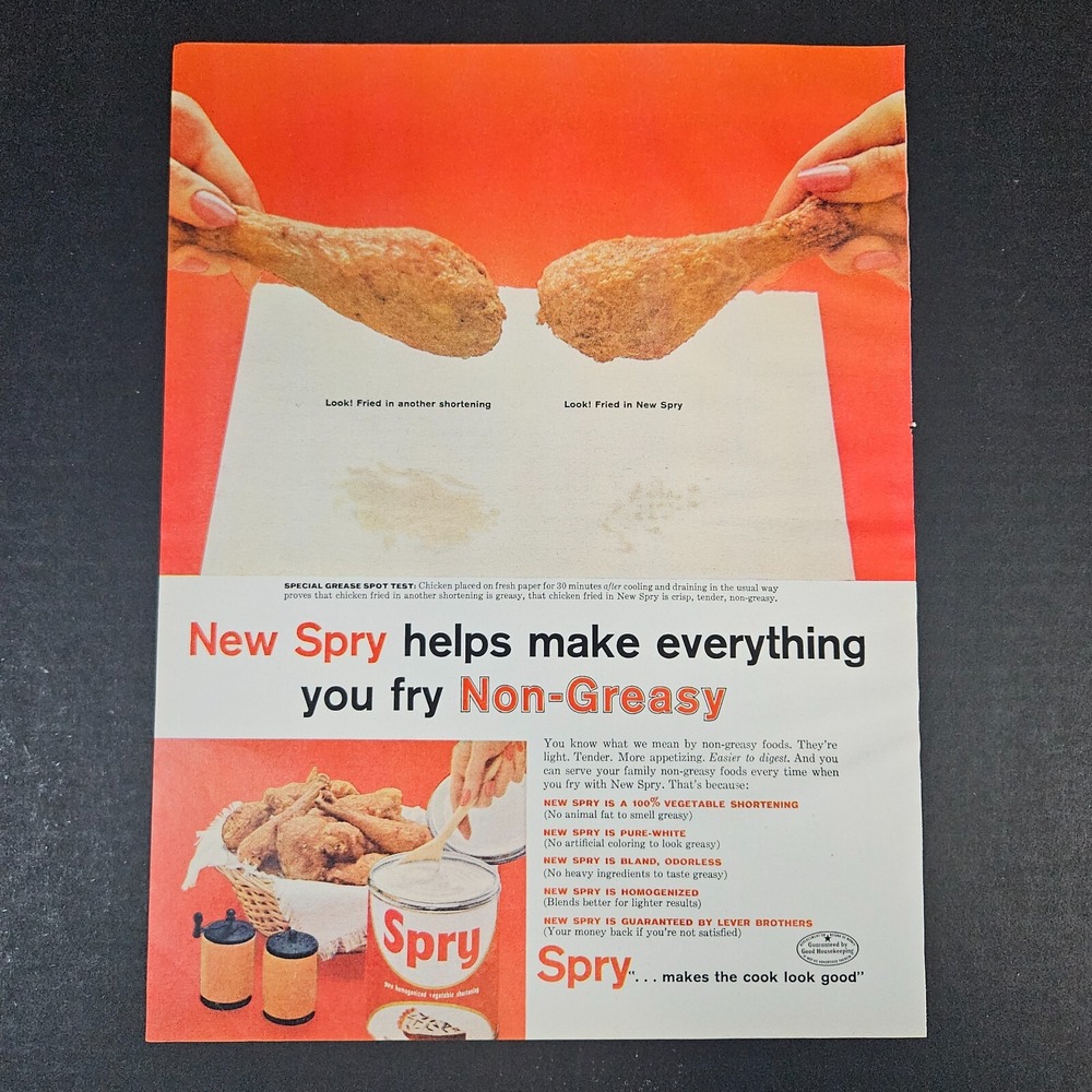 1957 Spry Vegetable Shortening Fried Chicken Vintage Print Ad Fry Non-Greasy‎